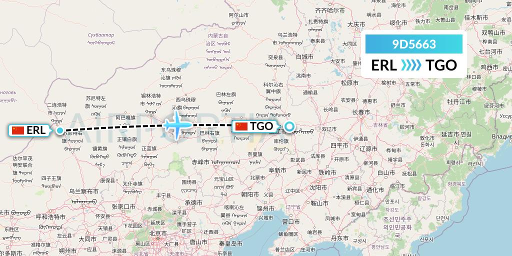 9D5663 Genghis Khan Airlines Flight Map: Erenhot to Tongliao