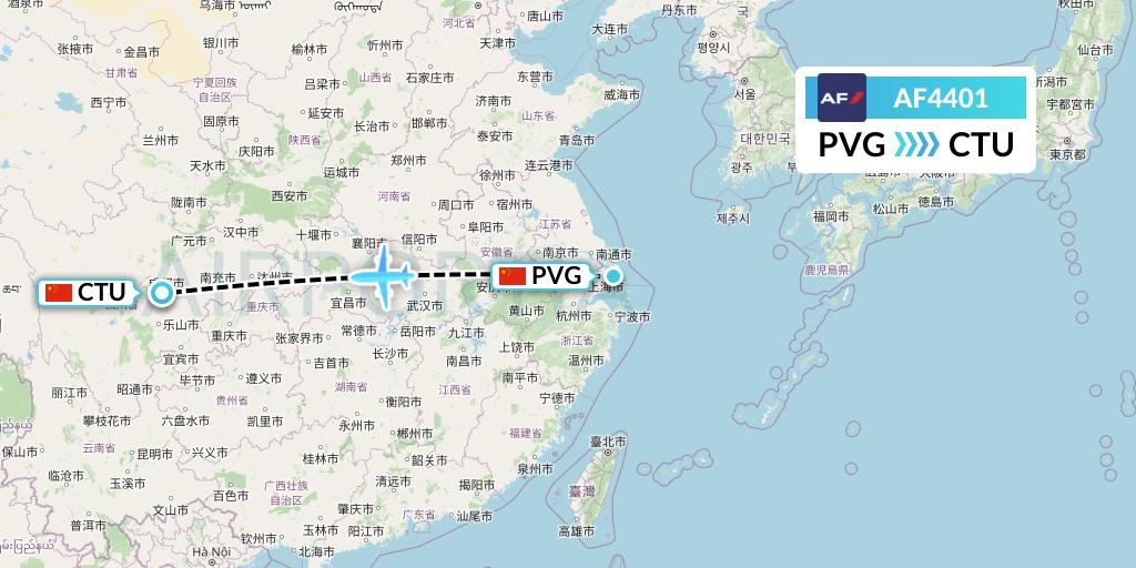 AF4401 Air France Flight Map: Shanghai to Chengdu