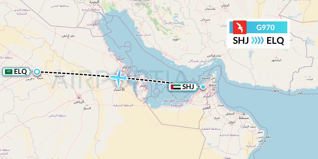 G970 Air Arabia Flight Map: Sharjah to Al-Qassim