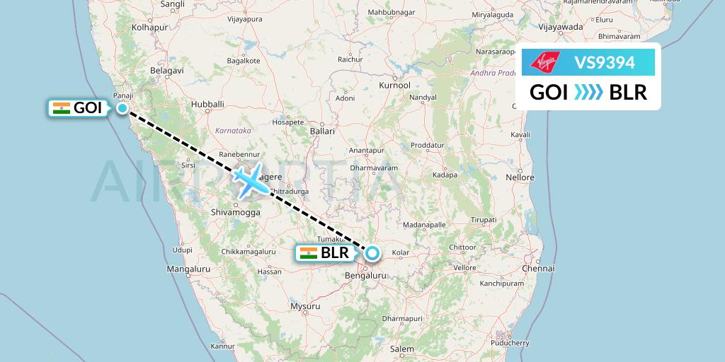 VS9394 Virgin Atlantic Airways Flight Map: Goa to Bangalore