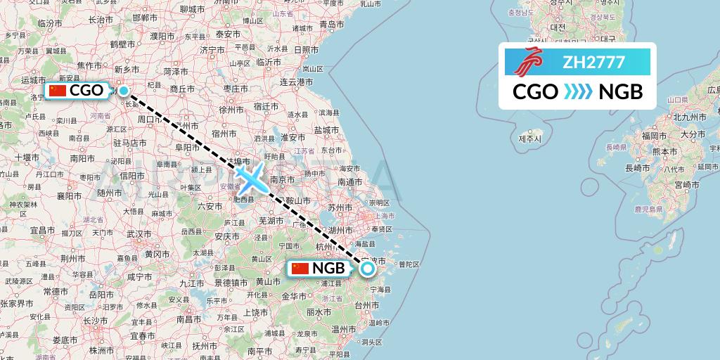 ZH2777 Shenzhen Airlines Flight Map: Zhengzhou to Ningbo
