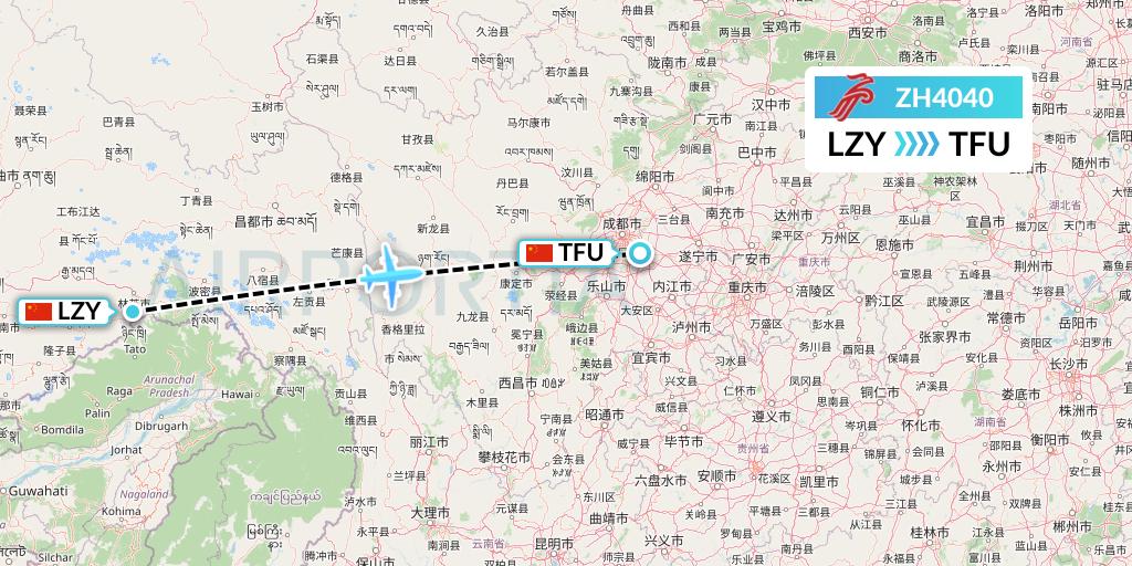 ZH4040 Shenzhen Airlines Flight Map: Nyingchi to Chengdu