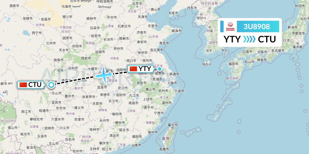 3U8908 Sichuan Airlines Flight Map: Yangzhou to Chengdu