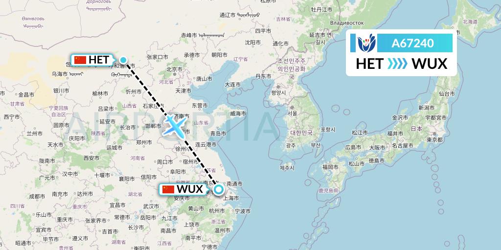 A67240 Hongtu Airlines Flight Map: Hohhot to Wuxi