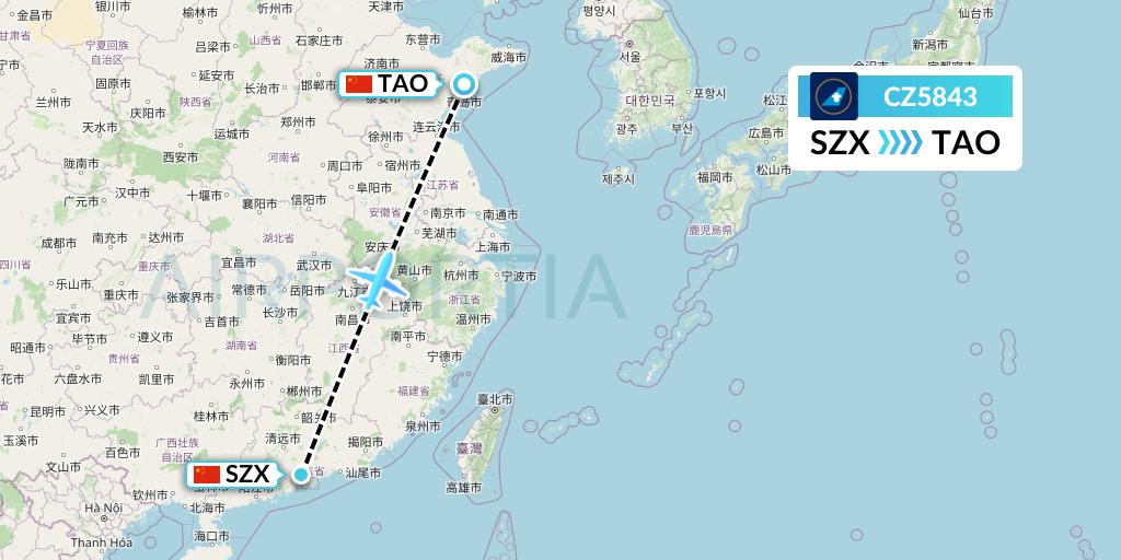 CZ5843 China Southern Airlines Flight Map: Shenzhen to Qingdao