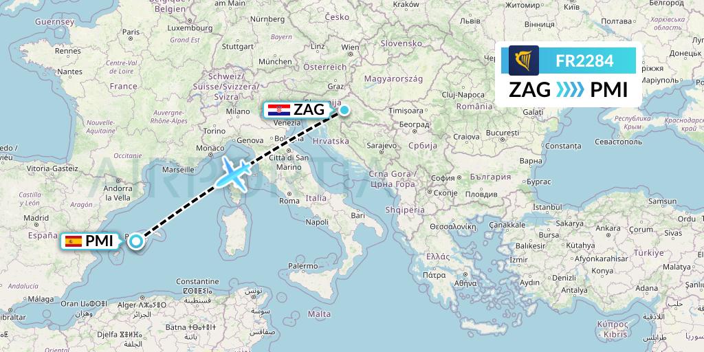 FR2284 Ryanair Flight Map: Zagreb to Palma de Mallorca