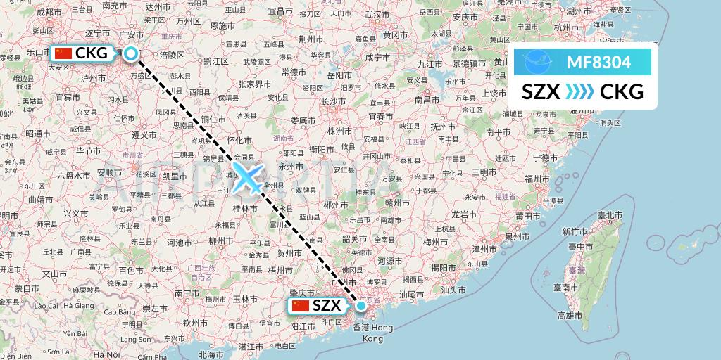 MF8304 Xiamen Airlines Flight Map: Shenzhen to Chongqing