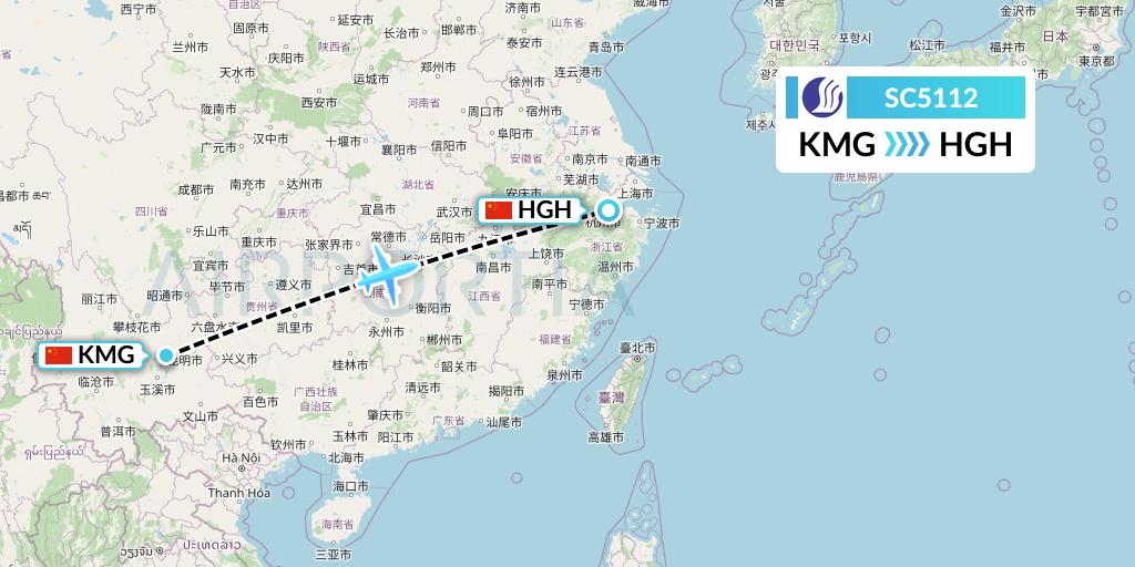 SC5112 Shandong Airlines Flight Map: Kunming to Hangzhou