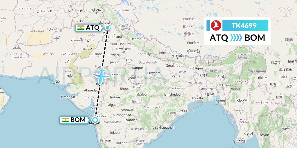 TK4699 Turkish Airlines Flight Map: Amritsar to Mumbai