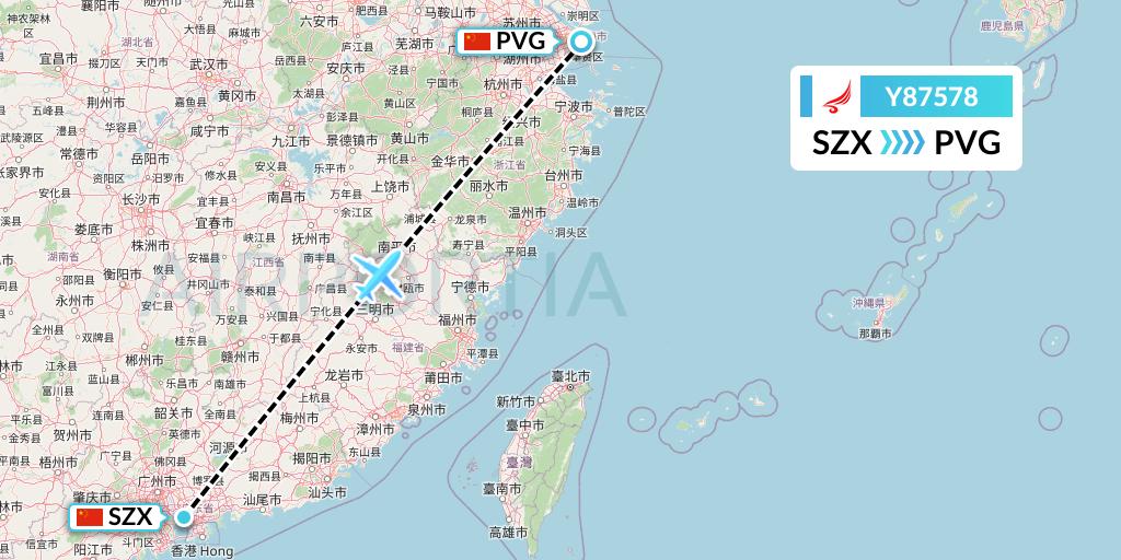 Y87578 Yangtze River Express Flight Map: Shenzhen to Shanghai