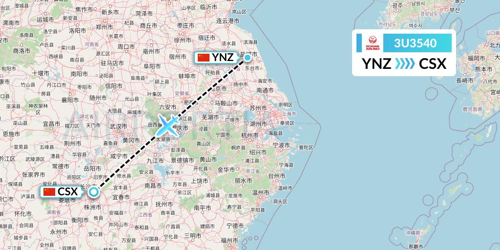 3U3540 Sichuan Airlines Flight Map: Yancheng to Changsha