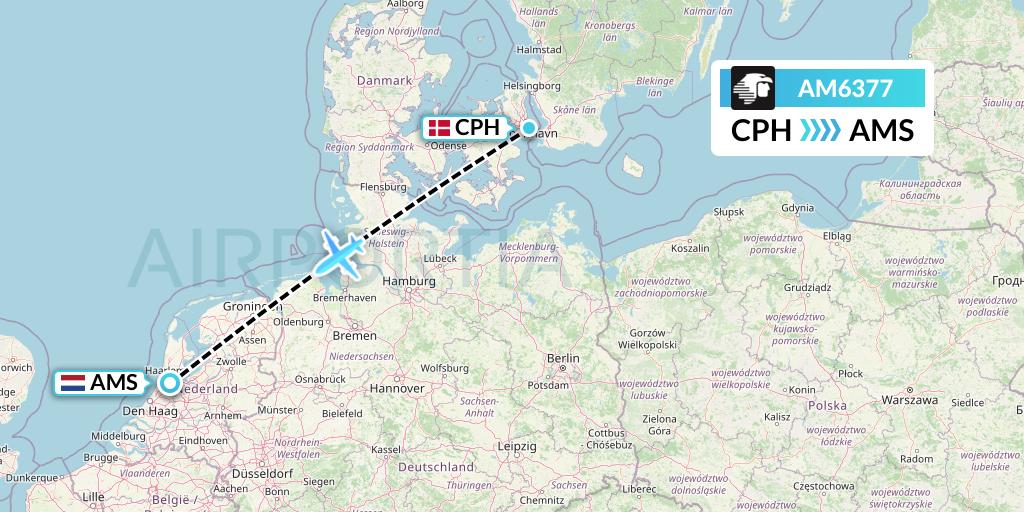 AM6377 Aeromexico Flight Map: Copenhagen to Amsterdam