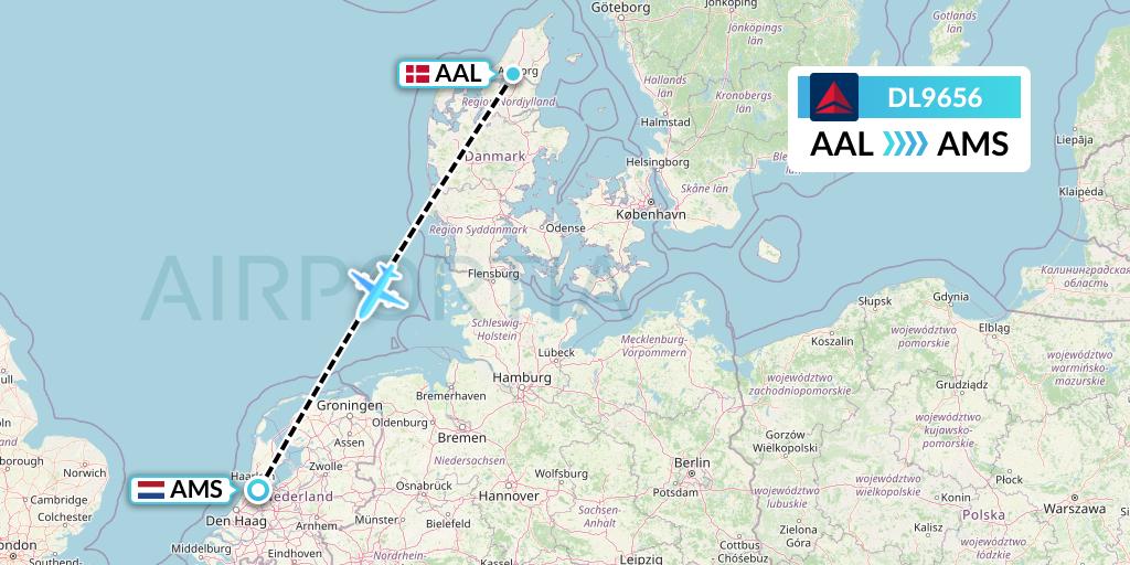 DL9656 Delta Air Lines Flight Map: Aalborg to Amsterdam