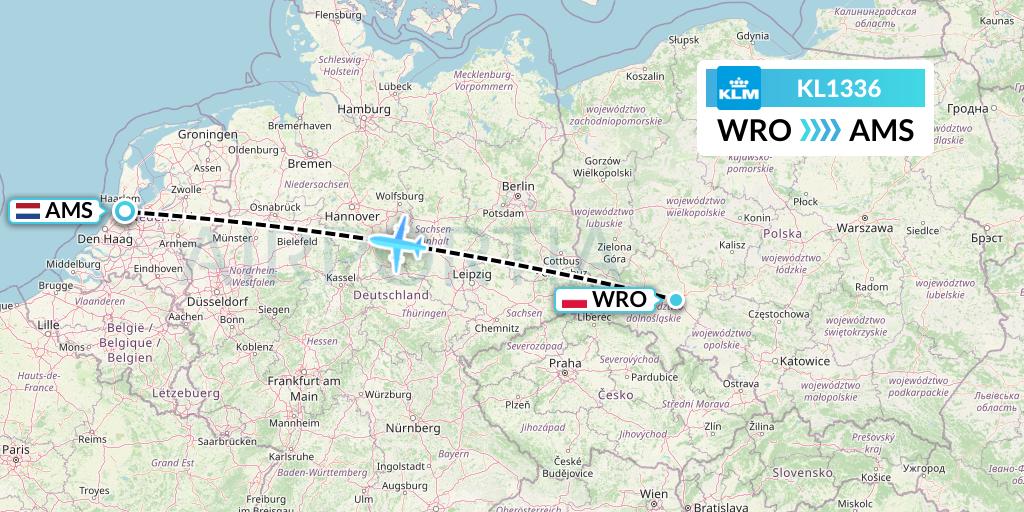 KL1336 KLM Flight Map: Wroclaw to Amsterdam