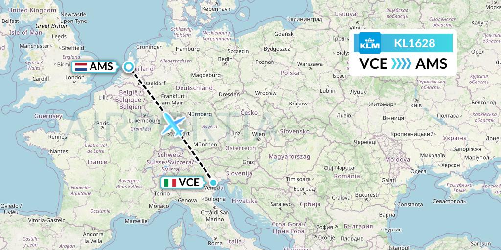 KL1628 KLM Flight Map: Venice to Amsterdam