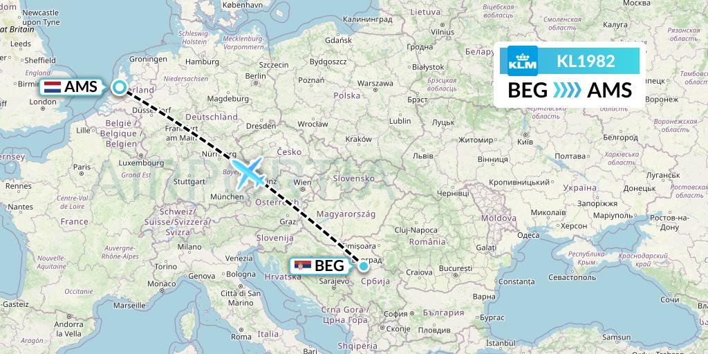 KL1982 KLM Flight Map: Belgrade to Amsterdam