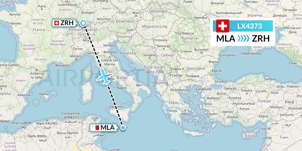 LX4373 Swiss Flight Map: Malta to Zurich