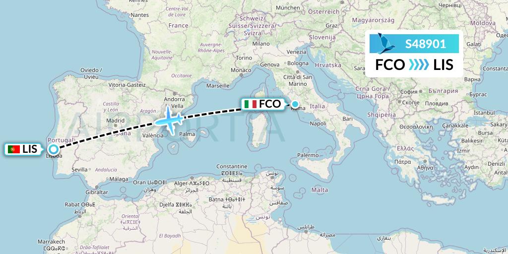 S48901 Azores Airlines Flight Map: Rome to Lisbon