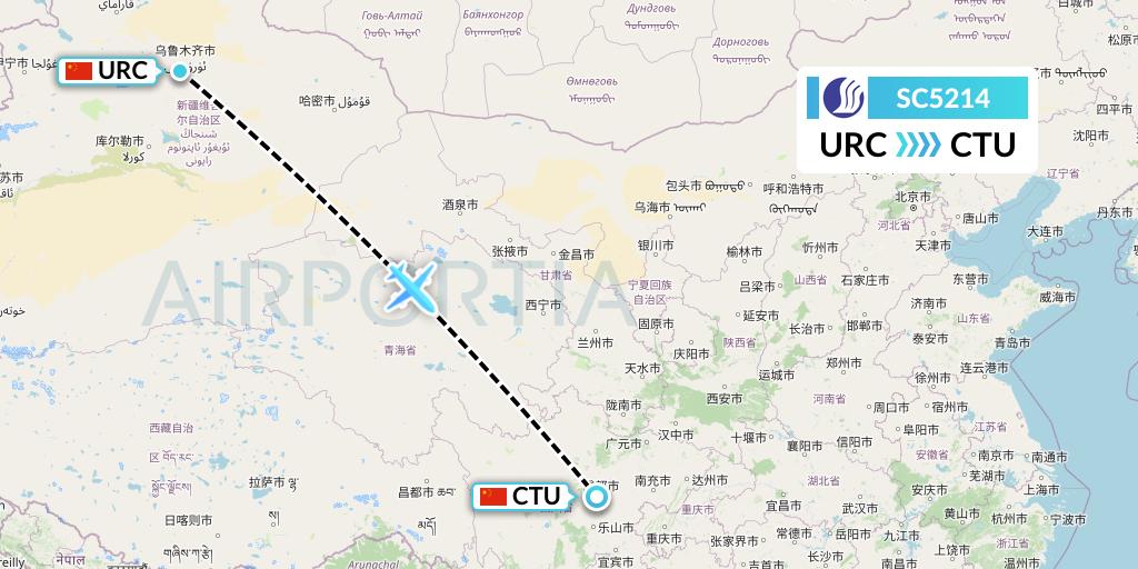SC5214 Shandong Airlines Flight Map: Urumqi to Chengdu