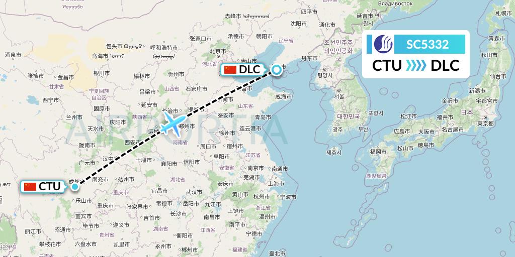 SC5332 Shandong Airlines Flight Map: Chengdu to Dalian