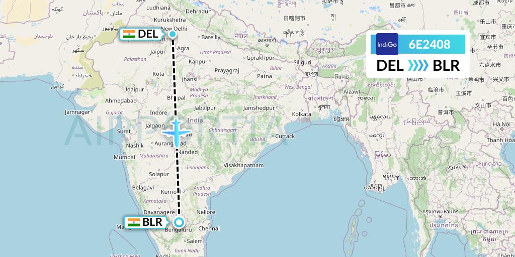 6E2408 IndiGo Airlines Flight Map: Delhi to Bangalore