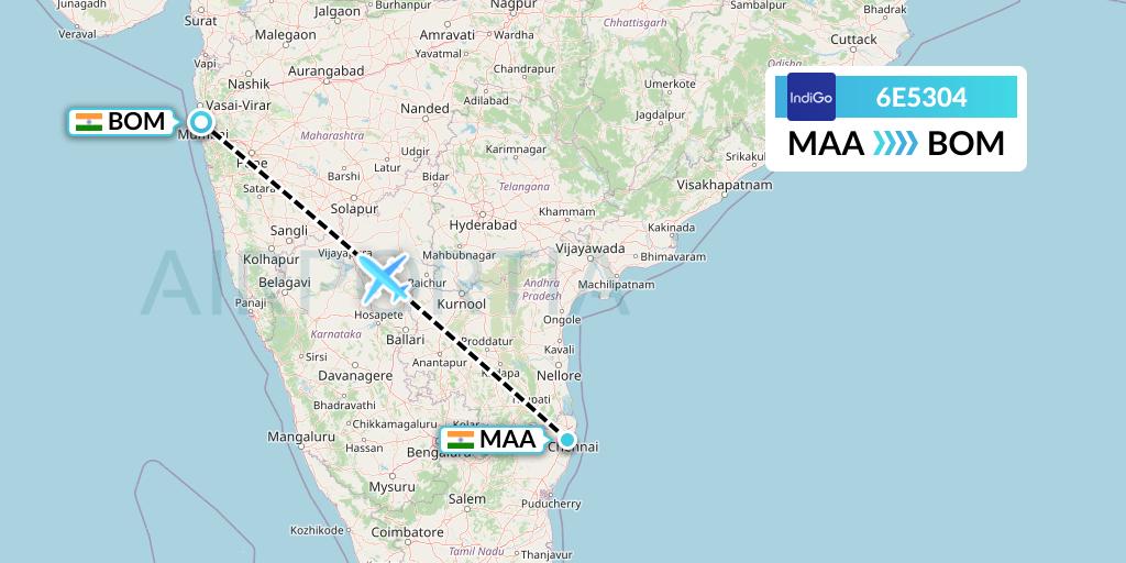 6E5304 IndiGo Airlines Flight Map: Chennai to Mumbai