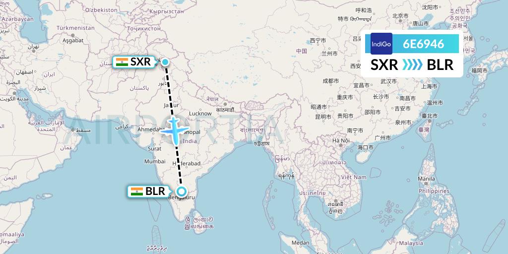 6E6946 IndiGo Airlines Flight Map: Srinagar to Bangalore
