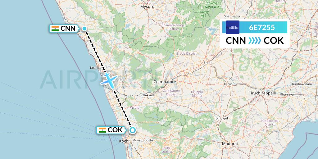 6E7255 IndiGo Airlines Flight Map: Mattannur to Cochin