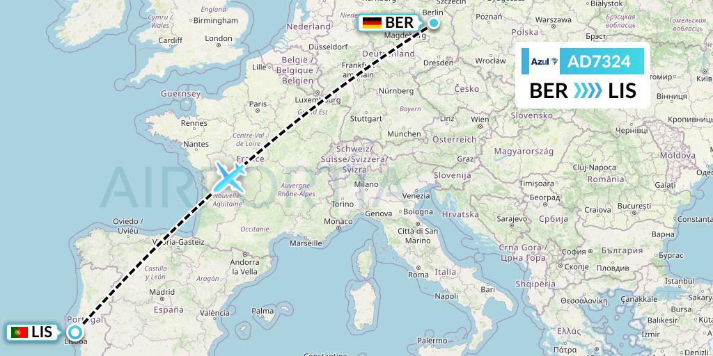 AD7324 Azul Brazilian Airlines Flight Map: Berlin to Lisbon