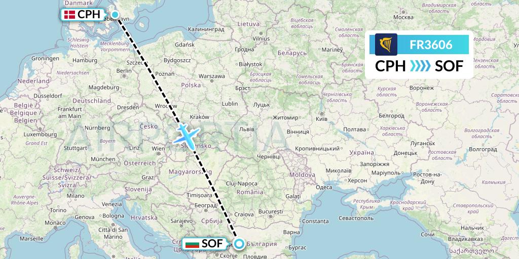 FR3606 Ryanair Flight Map: Copenhagen to Sofia