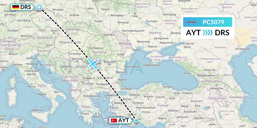 PC5079 Pegasus Airlines Flight Map: Antalya to Dresden
