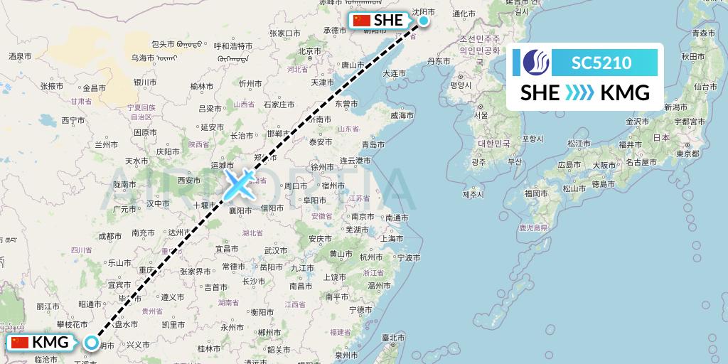 SC5210 Shandong Airlines Flight Map: Shenyang to Kunming