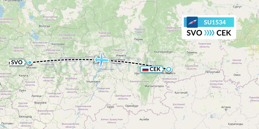 SU1534 Aeroflot Flight Map: Moscow to Chelyabinsk