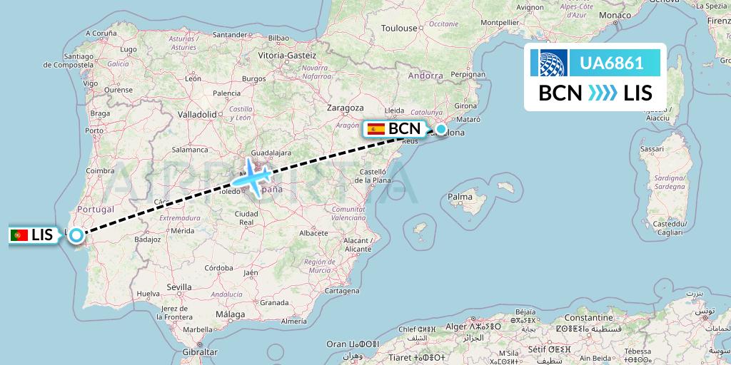 UA6861 United Airlines Flight Map: Barcelona to Lisbon