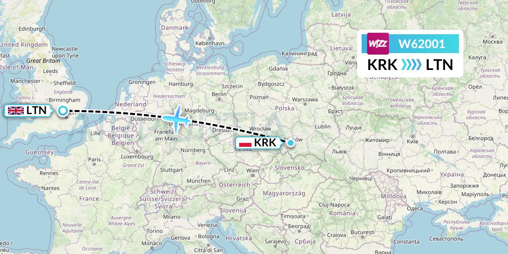 W62001 Wizz Air Flight Map: Krakow to London