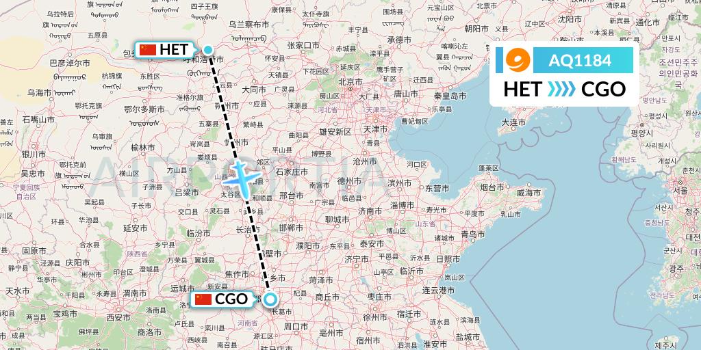 AQ1184 9 Air Flight Map: Hohhot to Zhengzhou