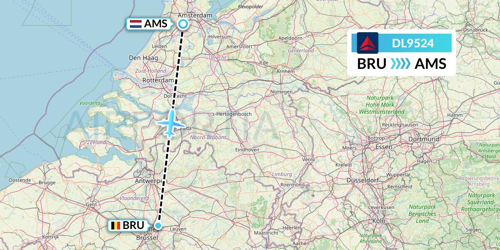 DL9524 Delta Air Lines Flight Map: Brussels to Amsterdam