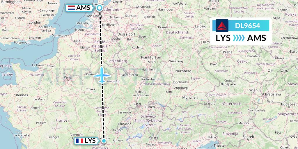 DL9654 Delta Air Lines Flight Map: Lyon to Amsterdam