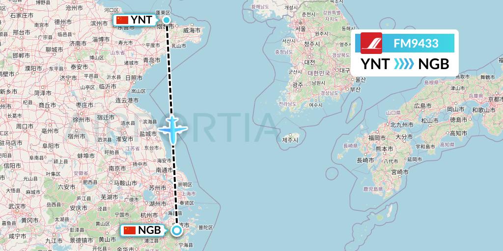 FM9433 Shanghai Airlines Flight Map: Yantai to Ningbo