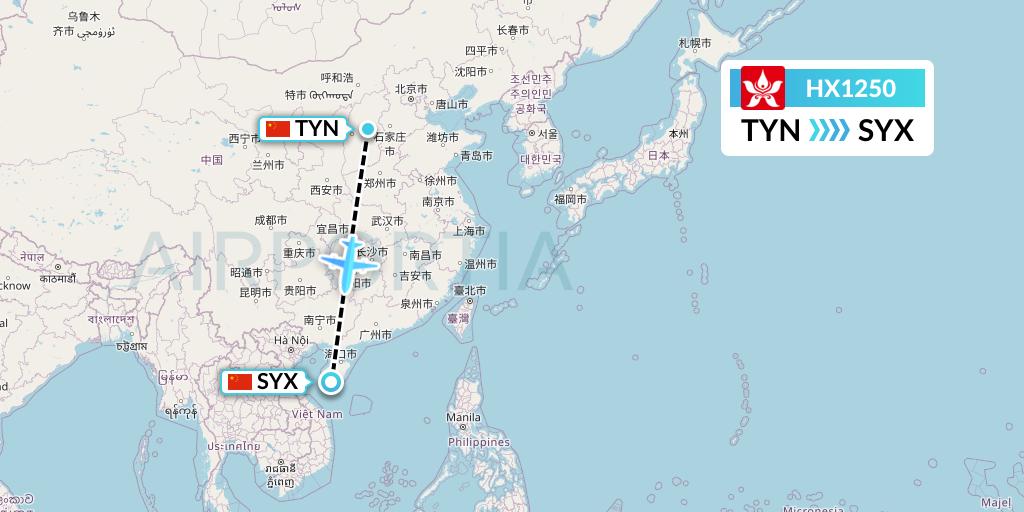 HX1250 Hong Kong Airlines Flight Map: Taiyuan to Sanya