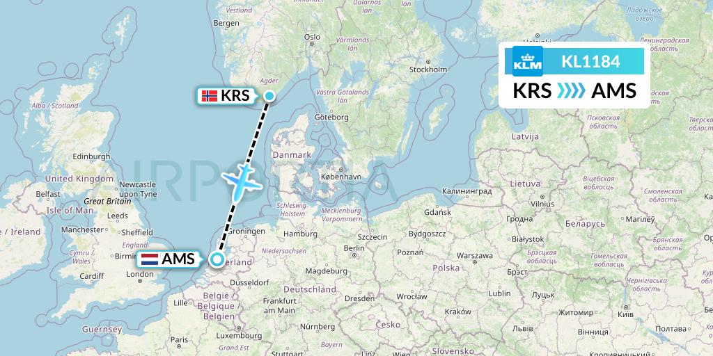 KL1184 KLM Flight Map: Kristiansand to Amsterdam