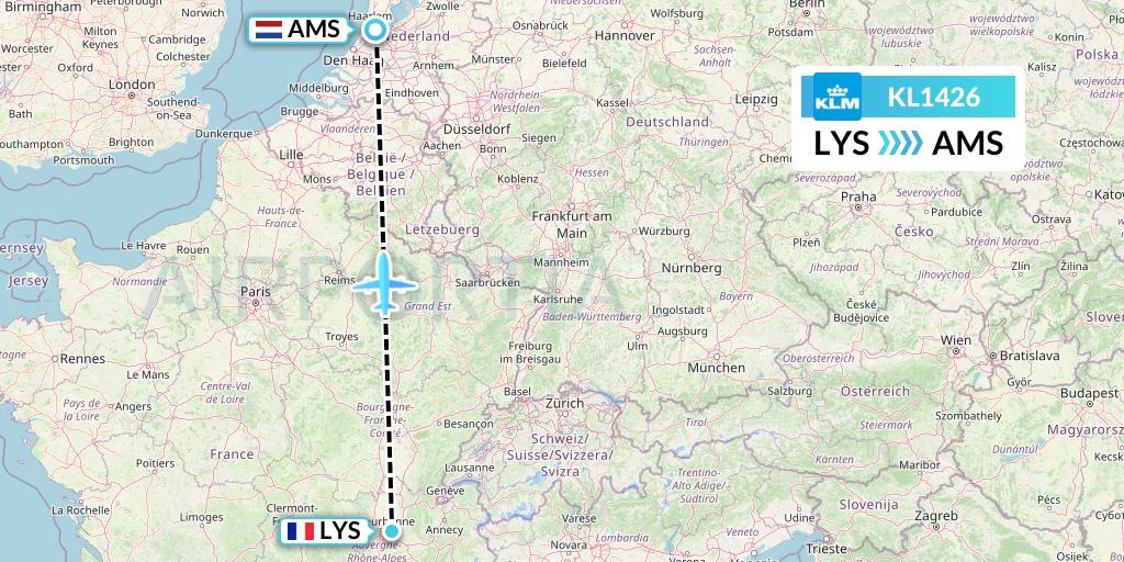 KL1426 KLM Flight Map: Lyon to Amsterdam