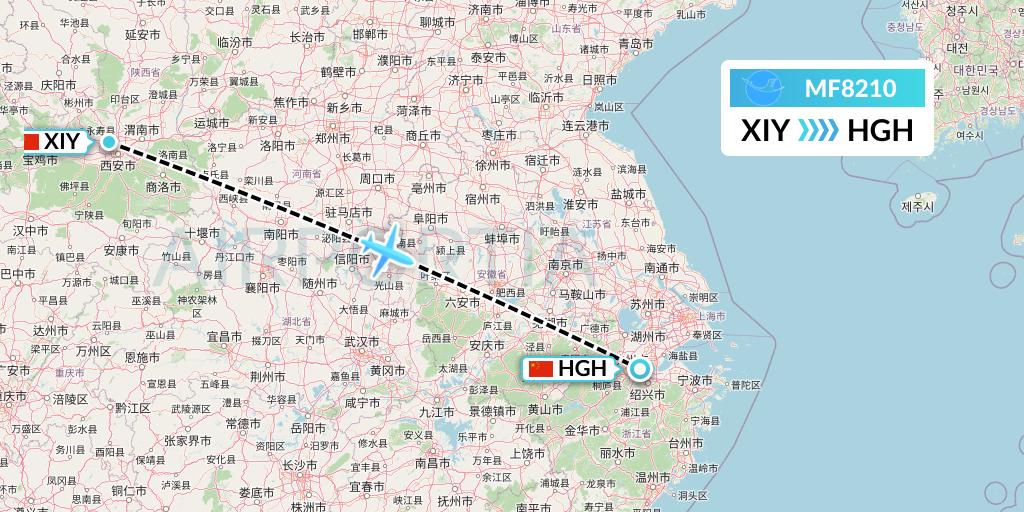 MF8210 Xiamen Airlines Flight Map: Xi'an to Hangzhou