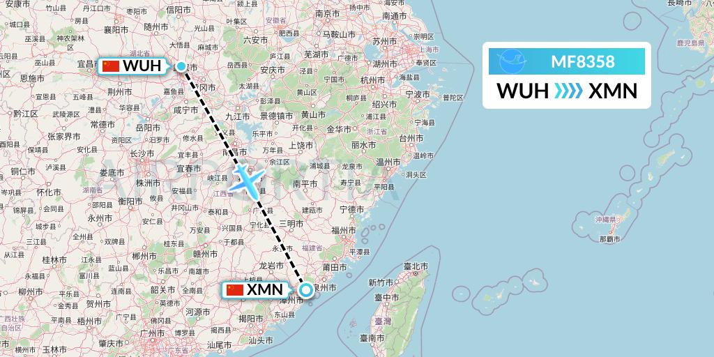 MF8358 Xiamen Airlines Flight Map: Wuhan to Xiamen