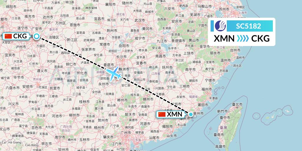 SC5182 Shandong Airlines Flight Map: Xiamen to Chongqing