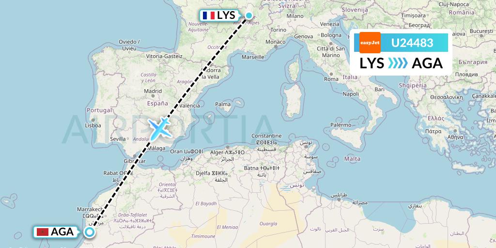 U24483 EasyJet Flight Map: Lyon to Agadir