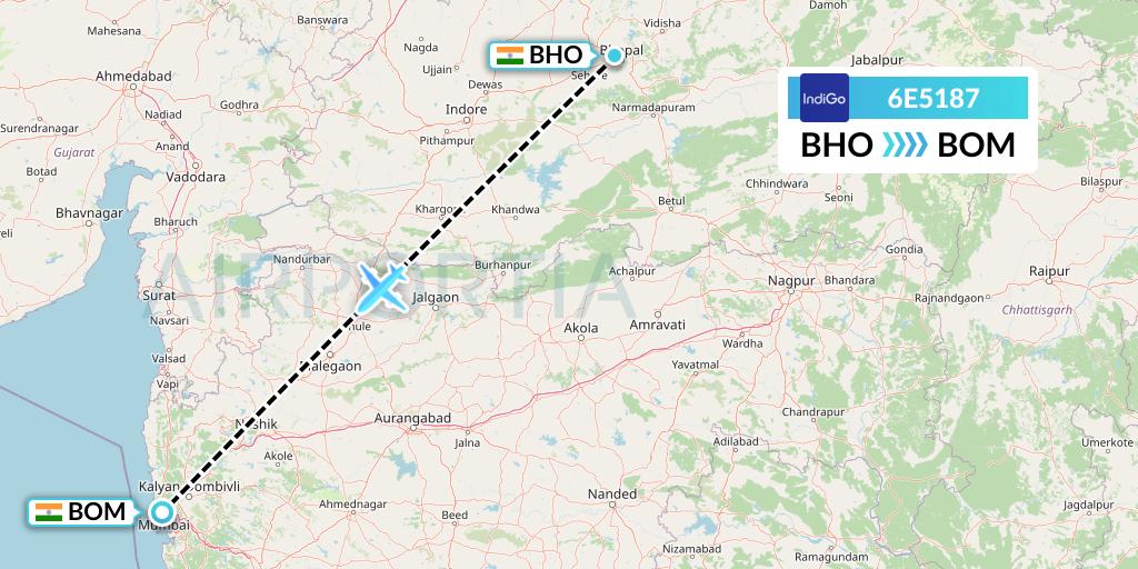 6E5187 IndiGo Airlines Flight Map: Bhopal to Mumbai