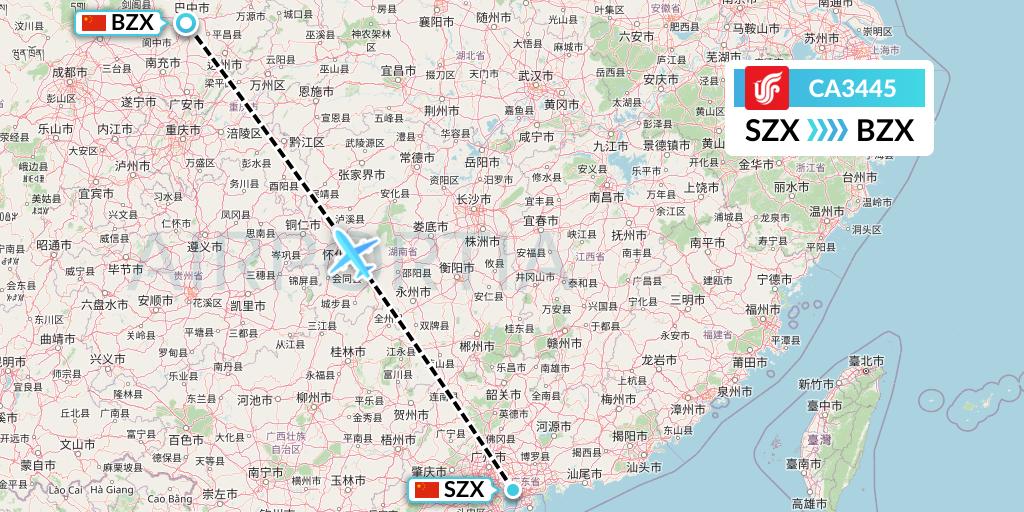 CA3445 Air China Flight Map: Shenzhen to Guangyuan