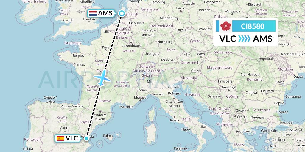 CI8580 China Airlines Flight Map: Valencia to Amsterdam
