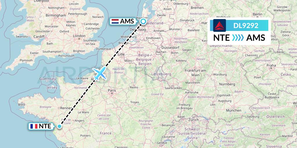 DL9292 Delta Air Lines Flight Map: Nantes to Amsterdam